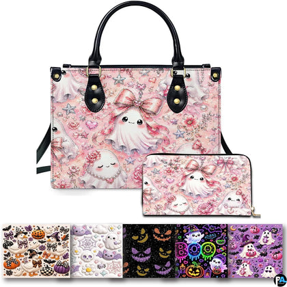 Pastel pink cute ghost Halloween handbag and matching wallet set on white background.