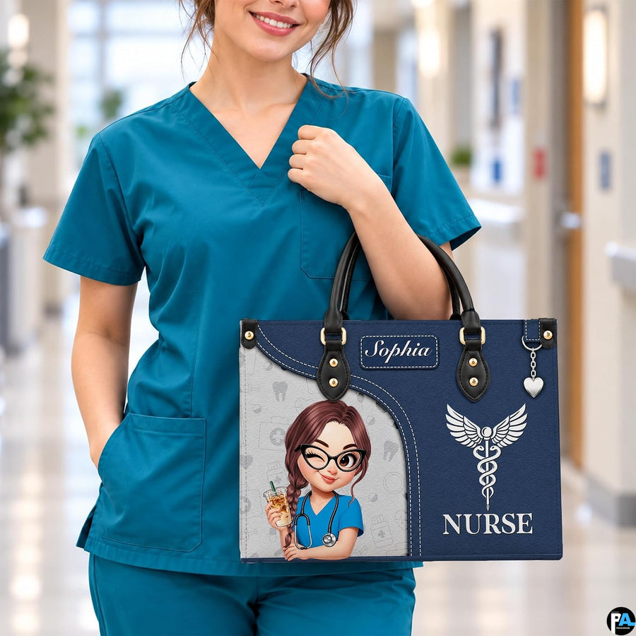 Chibi winking nurse handbag carried on forearm by medical provider in hospital corridor.