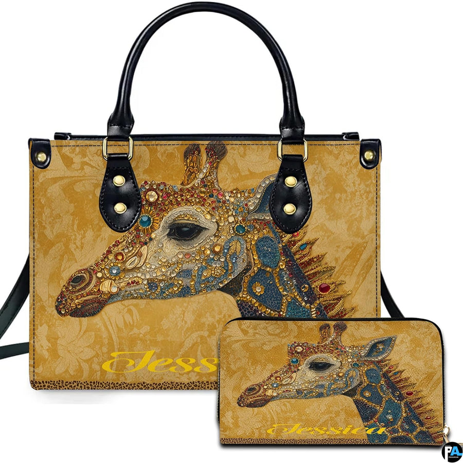 Front view of ornate giraffe handbag and matching wallet set with turquoise and amber accents.