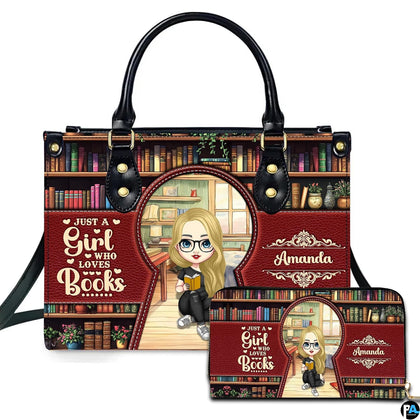 Library bookshelf art handbag and matching wallet featuring reading nook illustration.