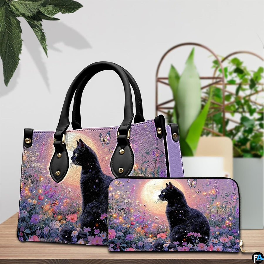 Indoor scene presenting black cat butterfly artwork and companion accessory beside potted plants.