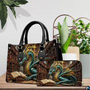 Three-quarter view of library dragon purse showing structured silhouette, handles, and gold accents