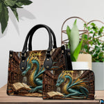 Three-quarter view of library dragon purse showing structured silhouette, handles, and gold accents