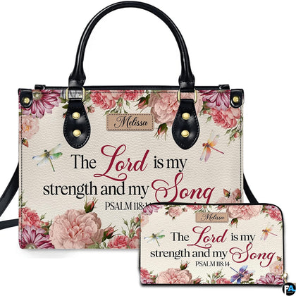 Scripture floral dragonfly handbag and matching wallet set displayed upright on white background.