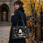 Outdoor lifestyle view of monochrome ghost satchel worn beside autumn foliage and decorative iron fence.
