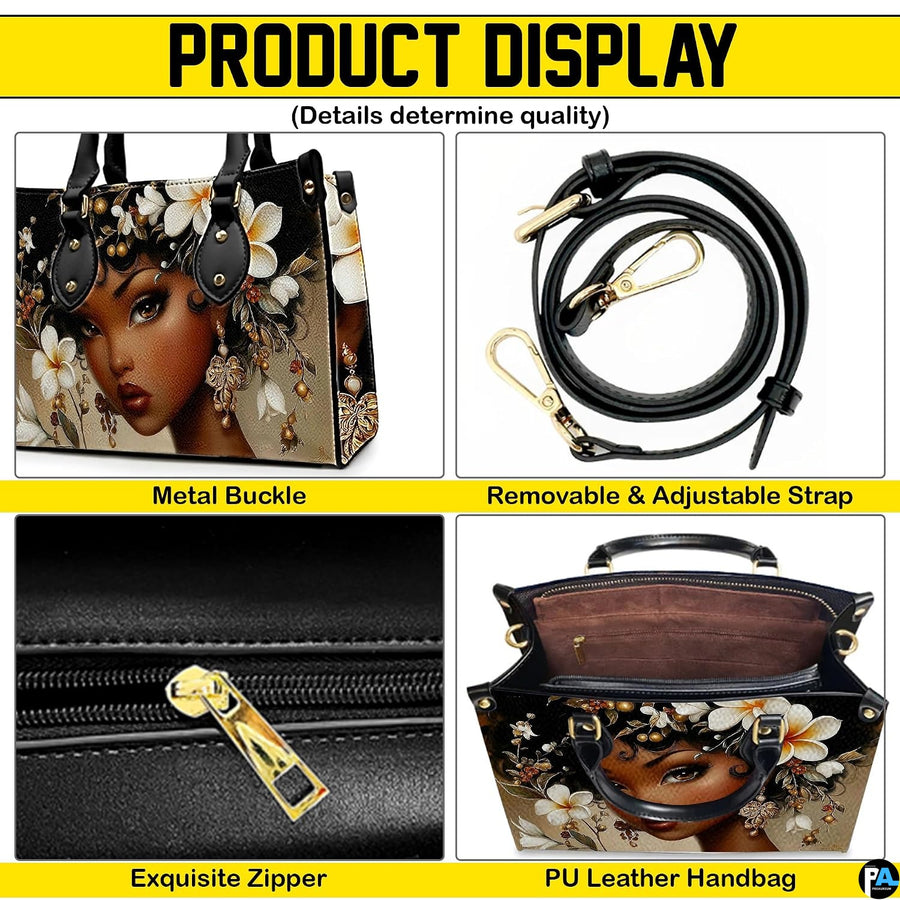 Detailed visual angles featuring the floral portrait artwork, polished hardware accents, and interior view.