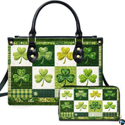Green clover handbag and matching wallet with plaid checkerboard and floral border artwork