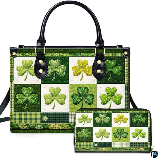 Green clover handbag and matching wallet with plaid checkerboard and floral border artwork