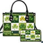 Green clover handbag and matching wallet with plaid checkerboard and floral border artwork