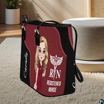 Perspective view of the Medical Professional Tote Handbag standing on a light carpeted floor.