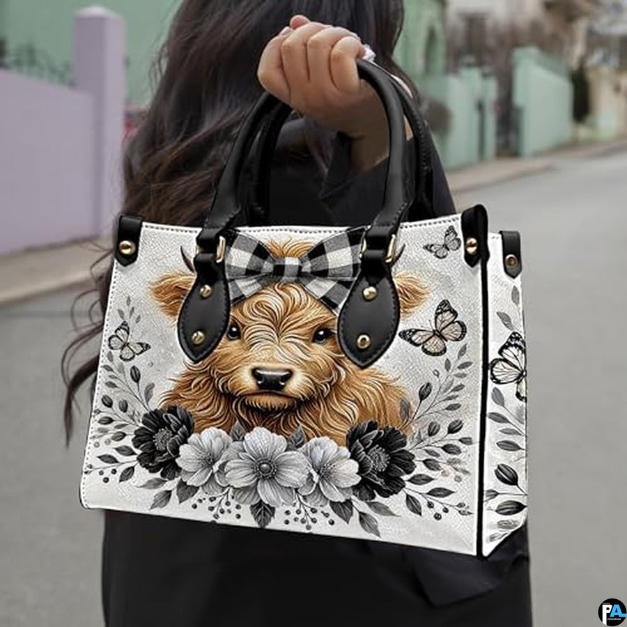 Highland Cow Leather Handbag Custom Cow Purse for Women Country Farm PU Leather Tote Gifts for Farmers Girls Mom Gift