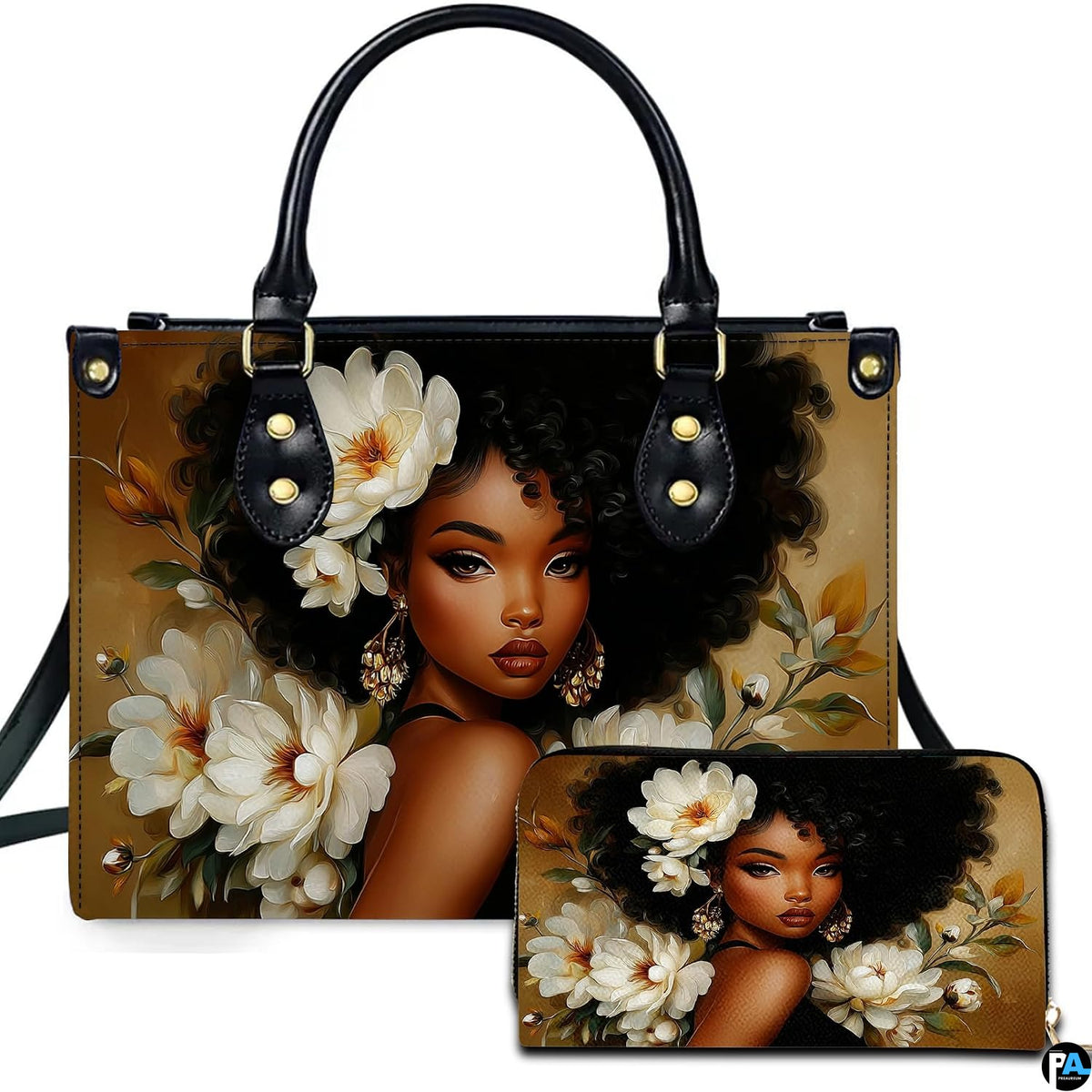 Front display showing Black woman with afro curls adorned with white blossoms on warm golden background.