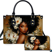 Front display showing Black woman with afro curls adorned with white blossoms on warm golden background.
