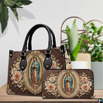 Matching Our Lady of Guadalupe handbag and wallet set in botanical lifestyle display