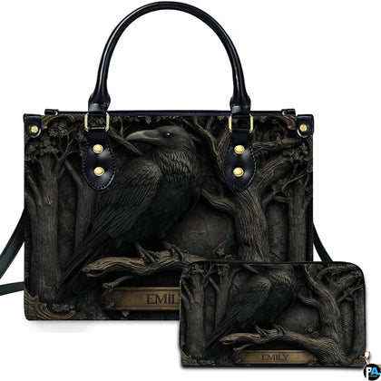 Gothic raven handbag and matching wallet with dark forest artwork