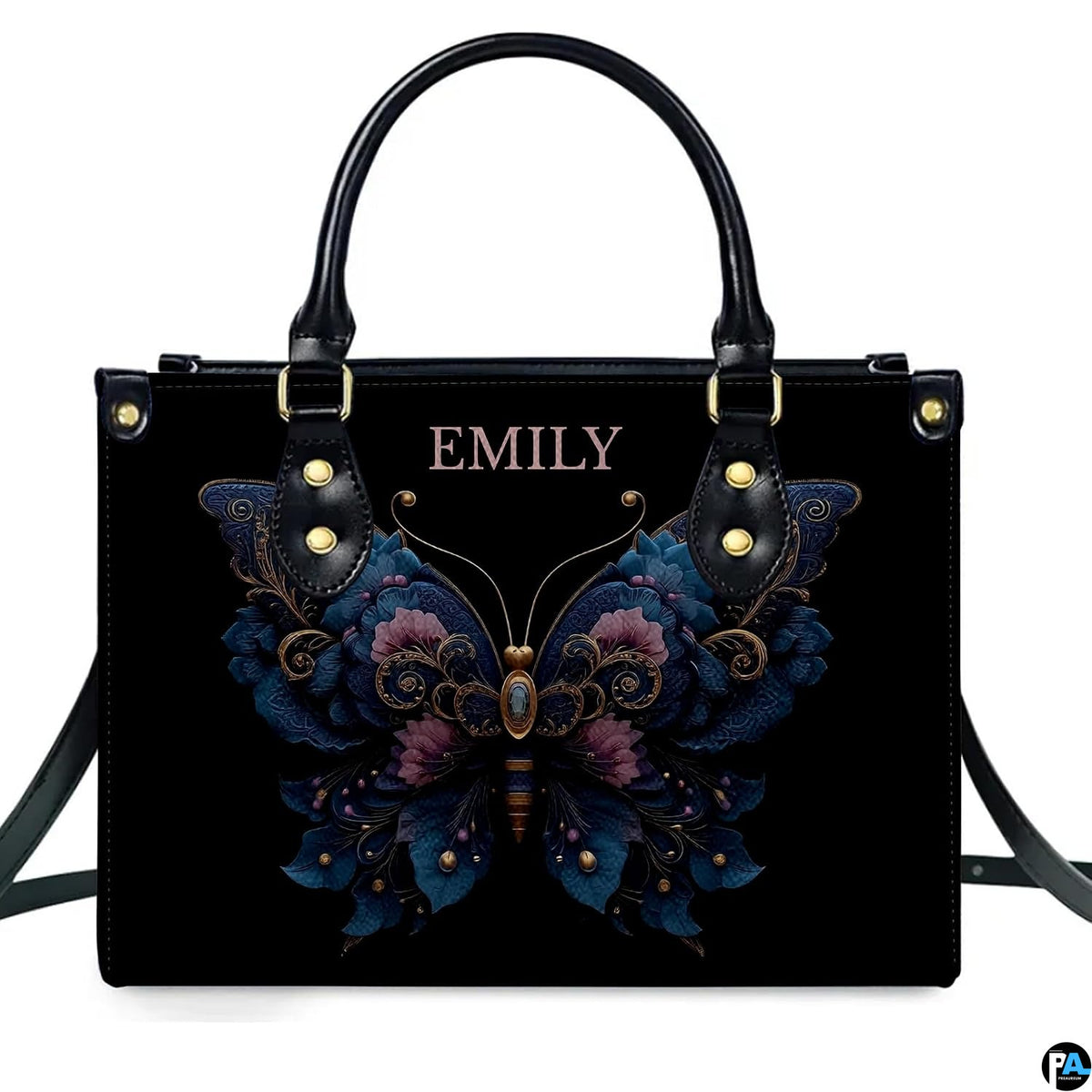 Straight-on studio portrait of black ornate floral butterfly handbag on white background