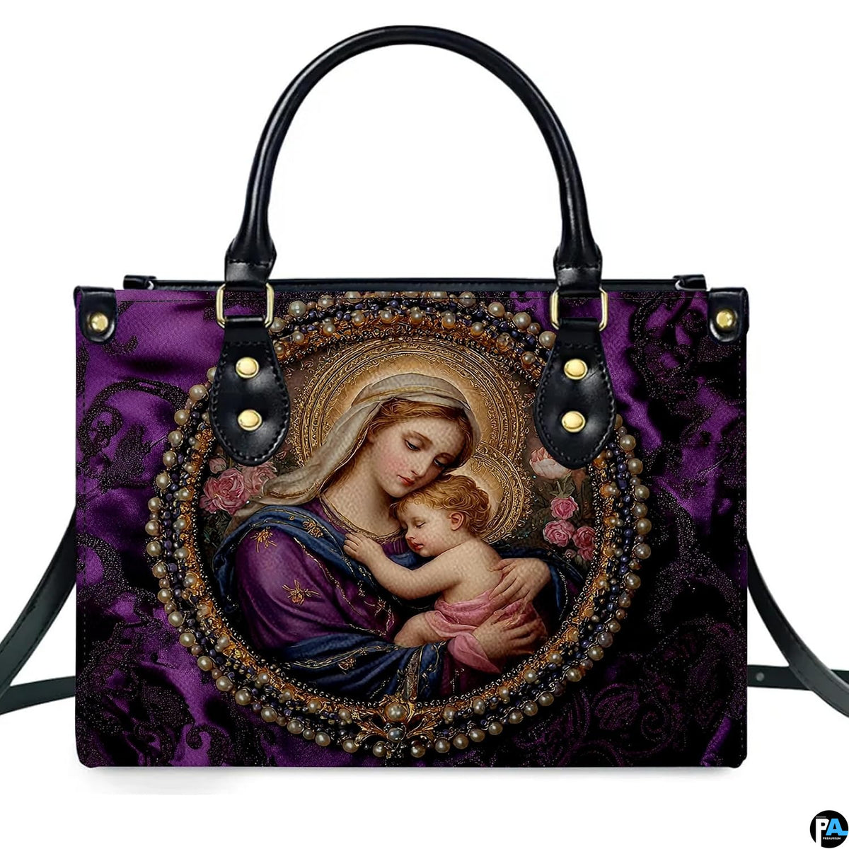 Front view of royal purple handbag displaying circular pearl cameo of Virgin Mary cradling infant Jesus.