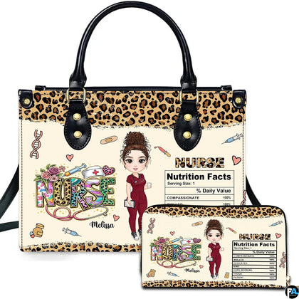 Medical gifts graphic art featuring illustrated scrubs character, leopard trims, and clinic doodles.