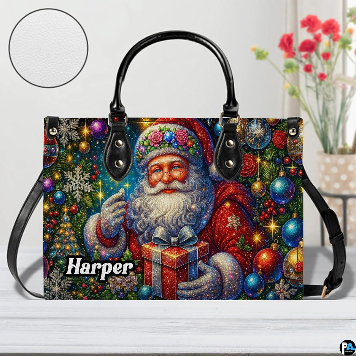 Festive vintage Santa handbag on light tabletop beside flowers in vase.