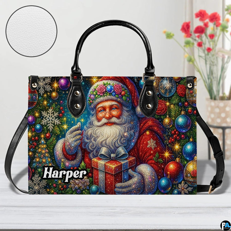 Festive vintage Santa handbag on light tabletop beside flowers in vase.