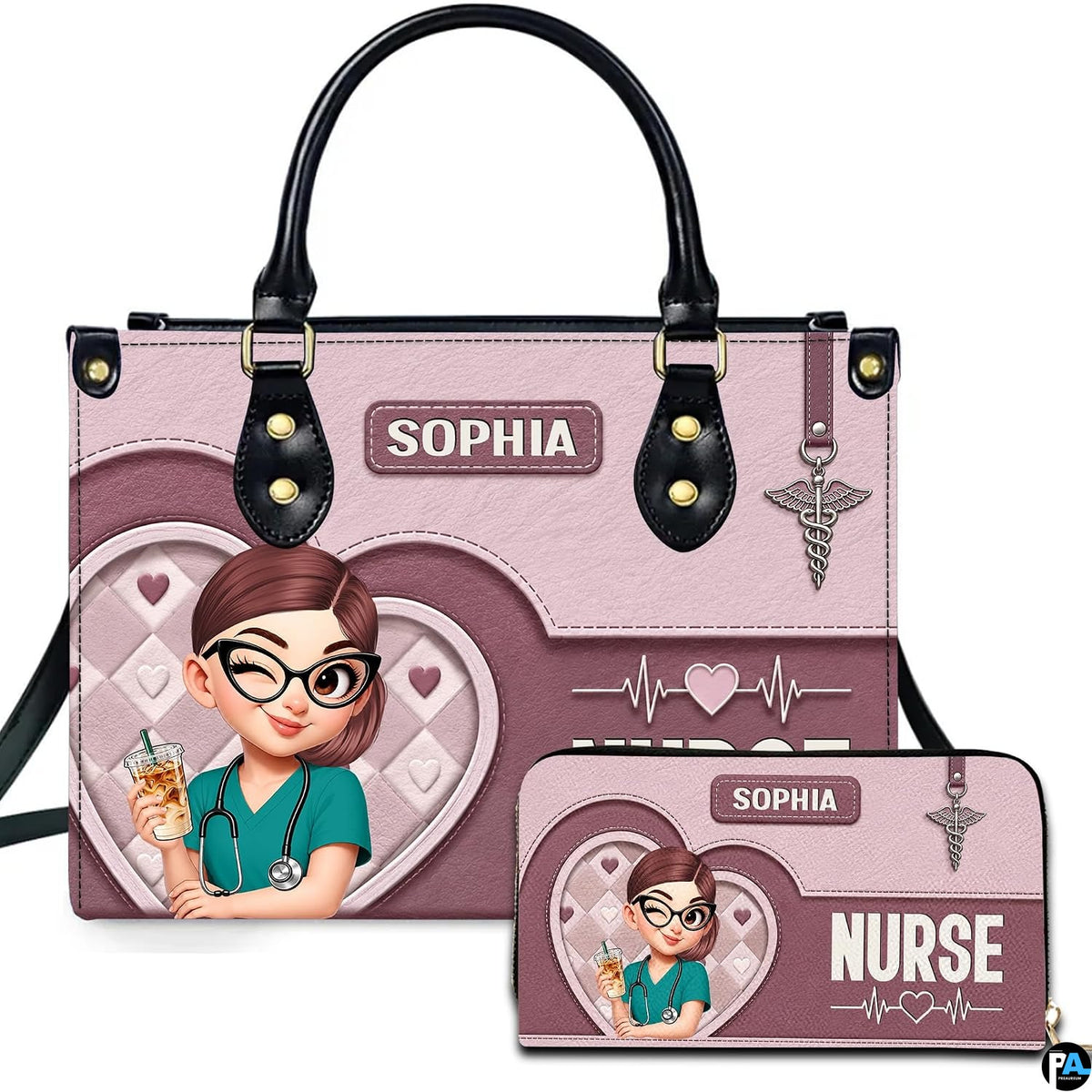 Chibi nurse pink quilted heart handbag and matching wallet set displayed upright on white background.