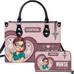 Chibi nurse pink quilted heart handbag and matching wallet set displayed upright on white background.