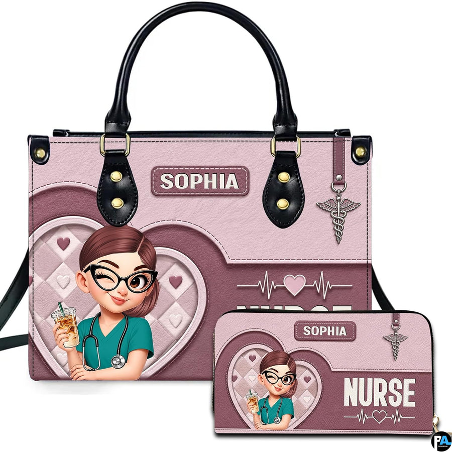 Chibi nurse pink quilted heart handbag and matching wallet set displayed upright on white background.