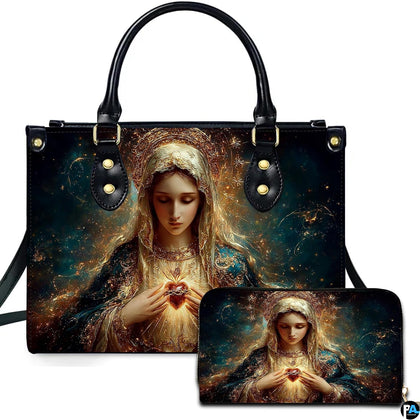 Handbag and matching wallet with glowing Immaculate Heart of Mary sacred art on celestial navy background.