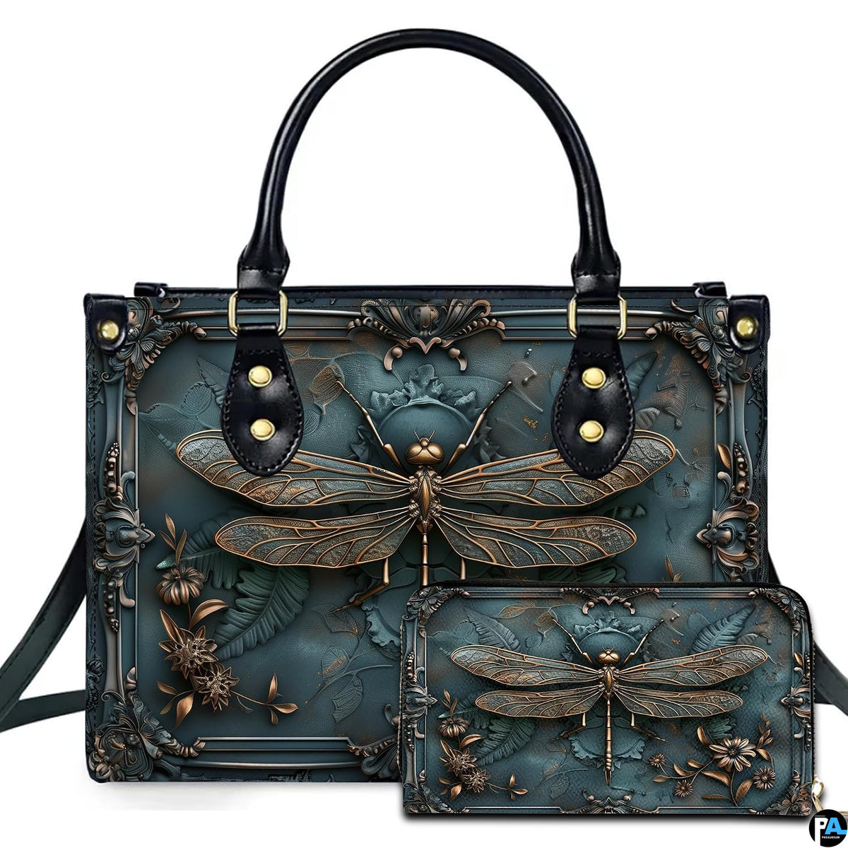 Embossed bronze dragonfly and baroque frame handbag and wallet set displayed together on white background
