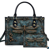 Embossed Bronze Dragonfly Baroque Teal Handbag and Wallet Set