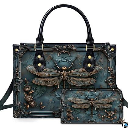 Embossed bronze dragonfly and baroque frame handbag and wallet set displayed together on white background