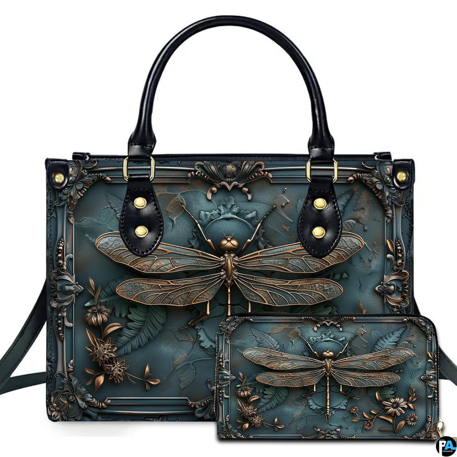 Embossed bronze dragonfly and baroque frame handbag and wallet set displayed together on white background