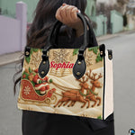 Lifestyle view of model carrying carved Santa sleigh handbag by top handles on street