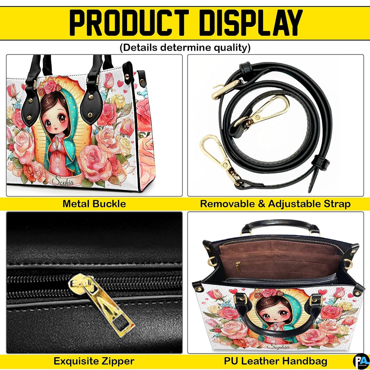 Four-panel product breakdown showing side profile, strap hardware, zipper pull, and interior compartment.