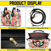 Four-panel product breakdown showing side profile, strap hardware, zipper pull, and interior compartment.