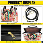 Four-panel product breakdown showing side profile, strap hardware, zipper pull, and interior compartment.