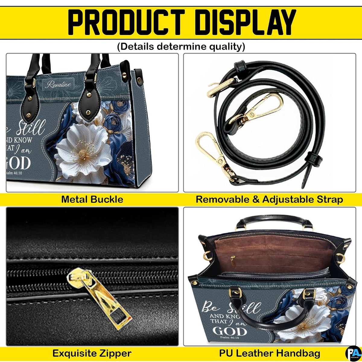 Interior compartment view of devotional handbag displaying inner lining and open storage space.