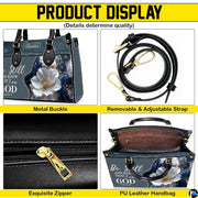 Interior compartment view of devotional handbag displaying inner lining and open storage space.
