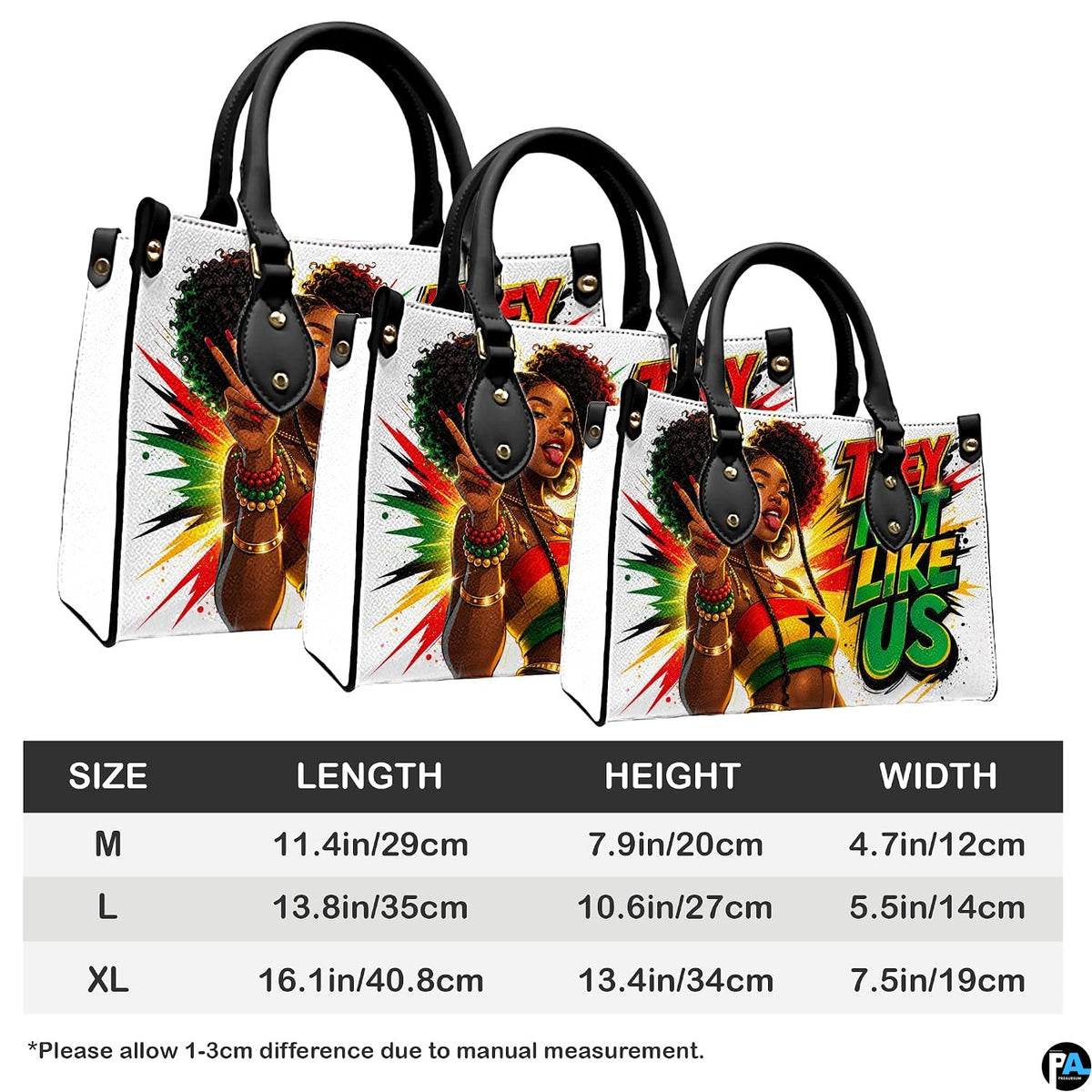 Three Afrocentric portrait handbag silhouettes on a comparison panel