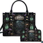 Gothic cemetery art showing ornate iron gates, glowing green phantom windows, and purple toadstools.