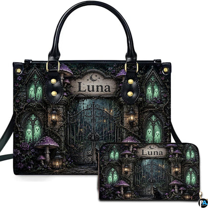 Gothic cemetery art showing ornate iron gates, glowing green phantom windows, and purple toadstools.