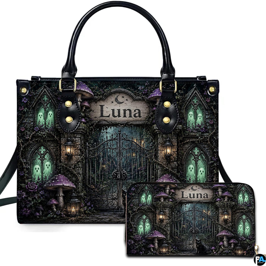 Gothic cemetery art showing ornate iron gates, glowing green phantom windows, and purple toadstools.