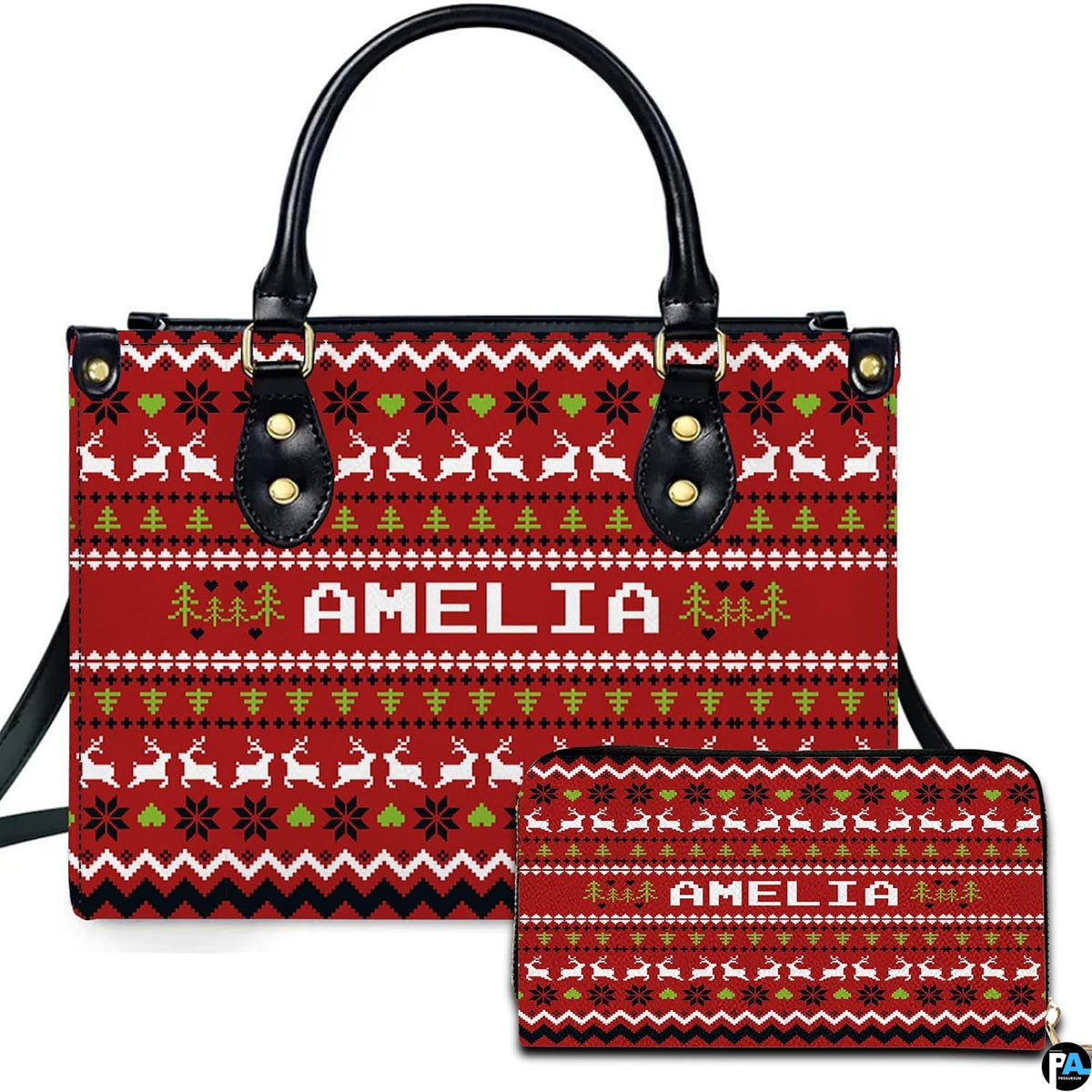 Close-up of Fair Isle knit pattern detailing pixelated reindeer silhouettes and geometric snowflakes.