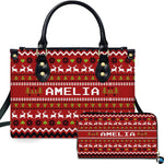Close-up of Fair Isle knit pattern detailing pixelated reindeer silhouettes and geometric snowflakes.