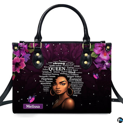 Purple hibiscus melanin royalty handbag with portrait and tropical flowers on white background.