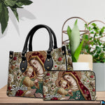 Matching Virgin Mary handbag and wallet set styled in a botanical lifestyle setting
