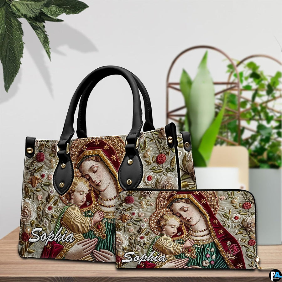 Matching Virgin Mary handbag and wallet set styled in a botanical lifestyle setting