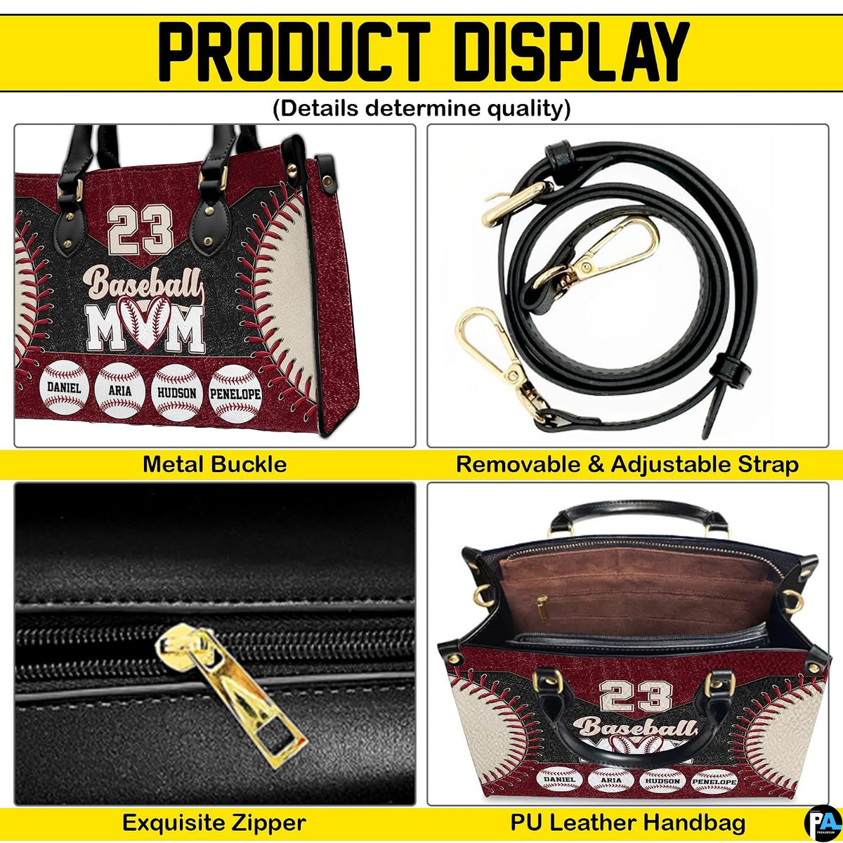 Side profile view of structured baseball handbag showing sleek silhouette and black carrying handles.