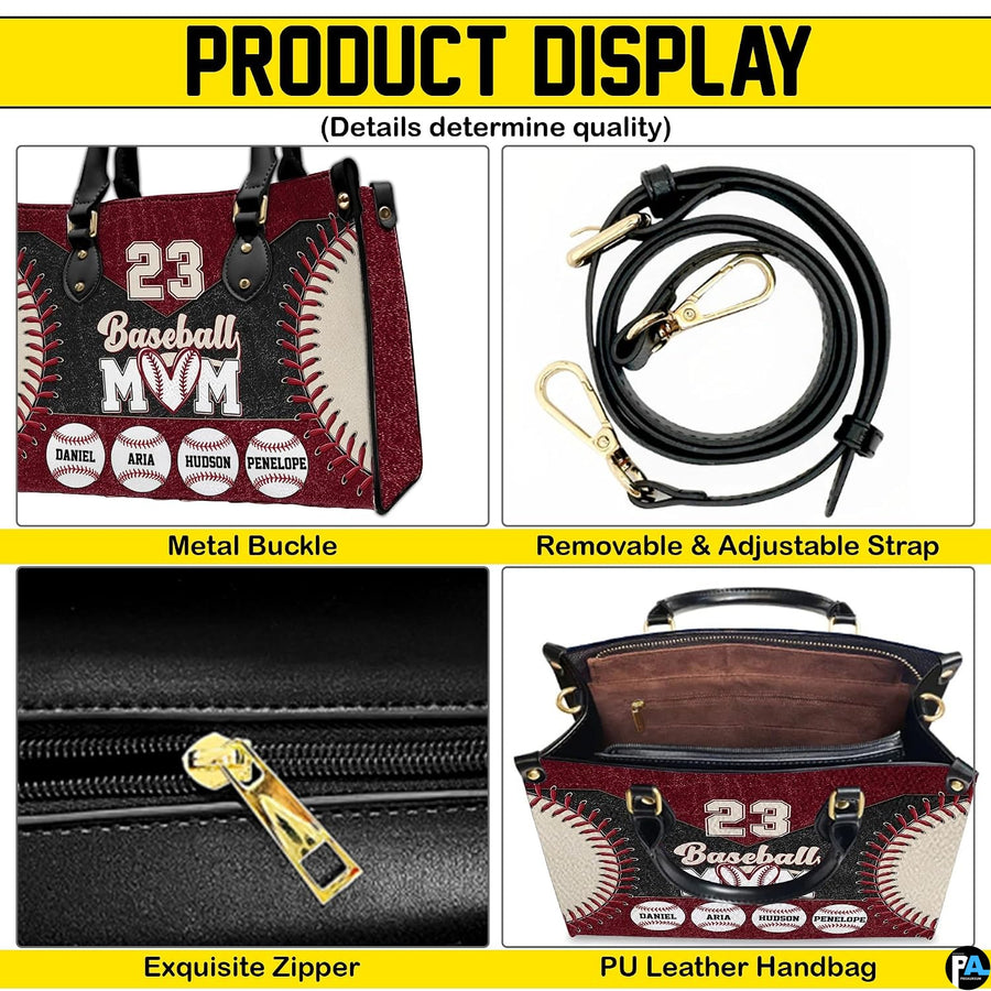 Side profile view of structured baseball handbag showing sleek silhouette and black carrying handles.