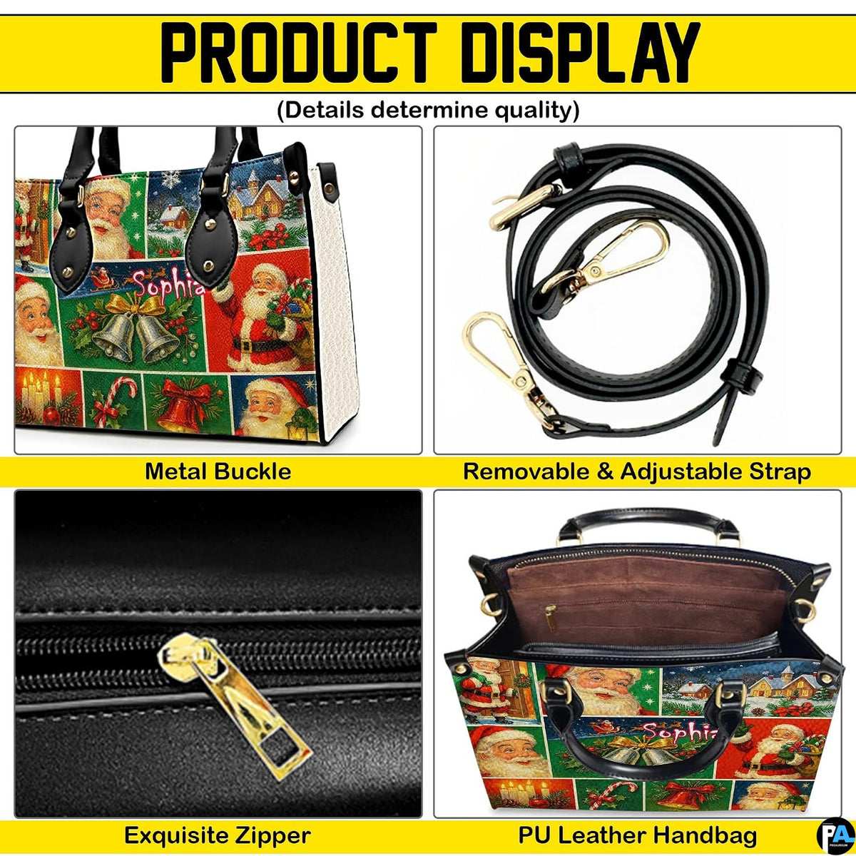 Feature collage showing metal buckles, removable shoulder strap, zipper, and interior.